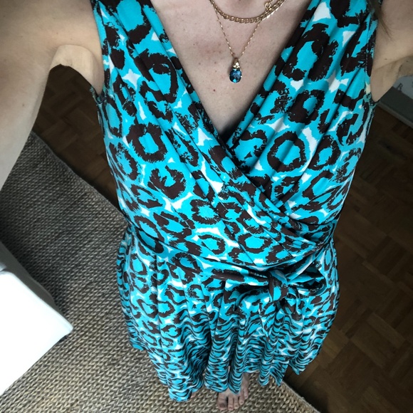Diane Von Furstenberg Sleeveless Wrap Midi Dress in Turquoise Leopard Size 2 - Picture 3 of 5